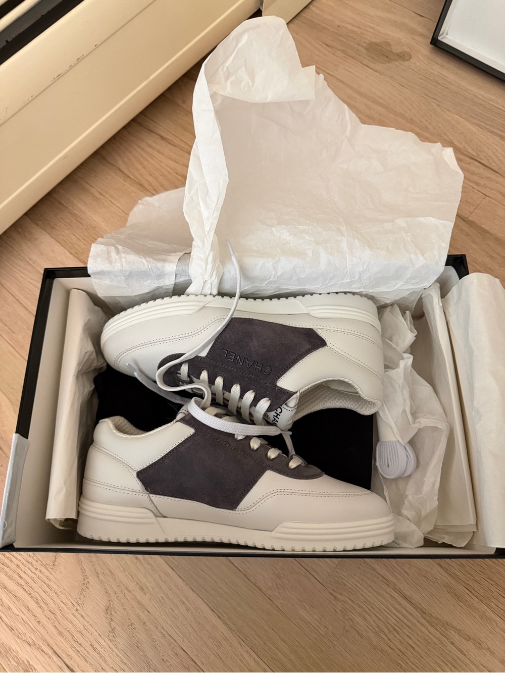 CHANEL Women's White and Dark Gray Low-Top Sneakers